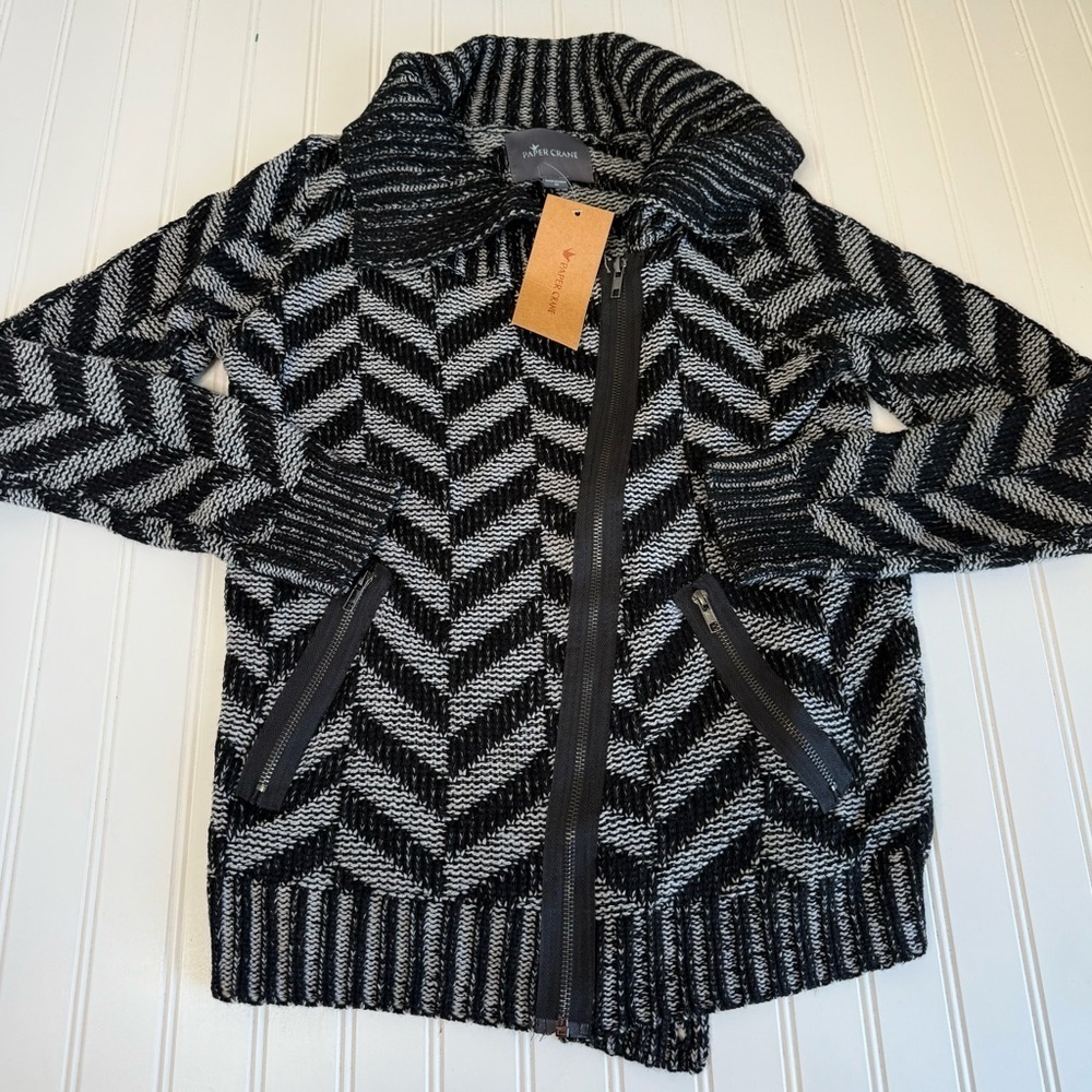 Paper Crane MEDIUM Herringbone Asymmetric Moto Cardigan Sweater NEW. 1455